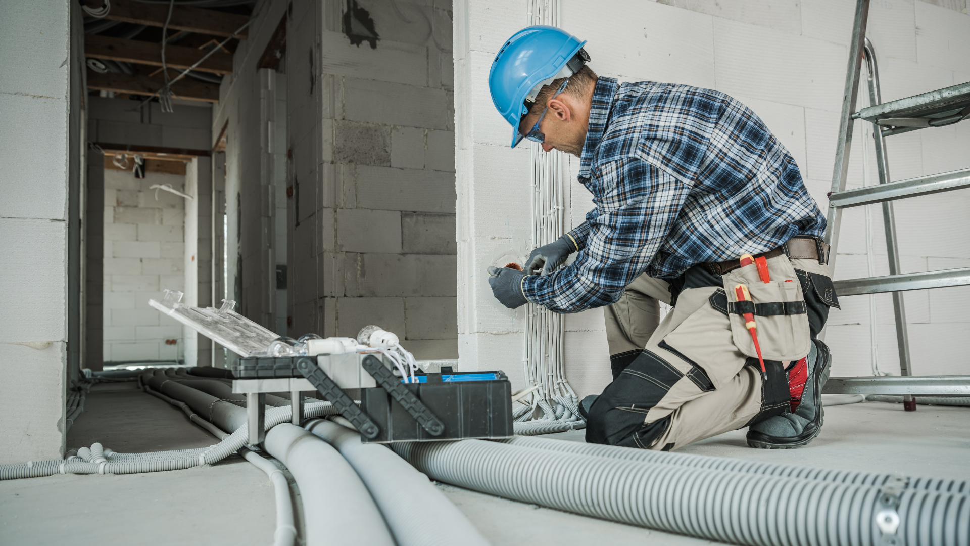Construction worker in blue hard hat installing wiring in an unfinished building interior.