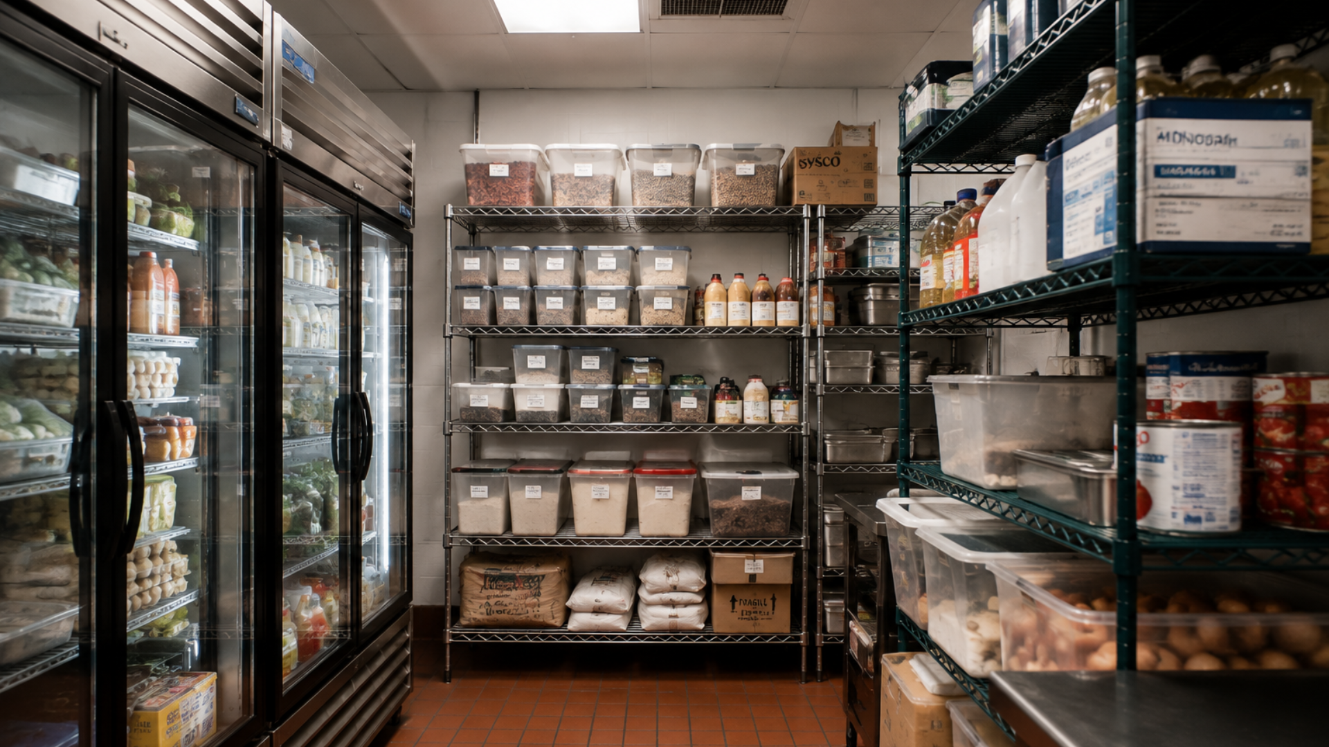 Narrow walk-in refrigerator aisle with shelves of packaged food and drinks on both sides.
