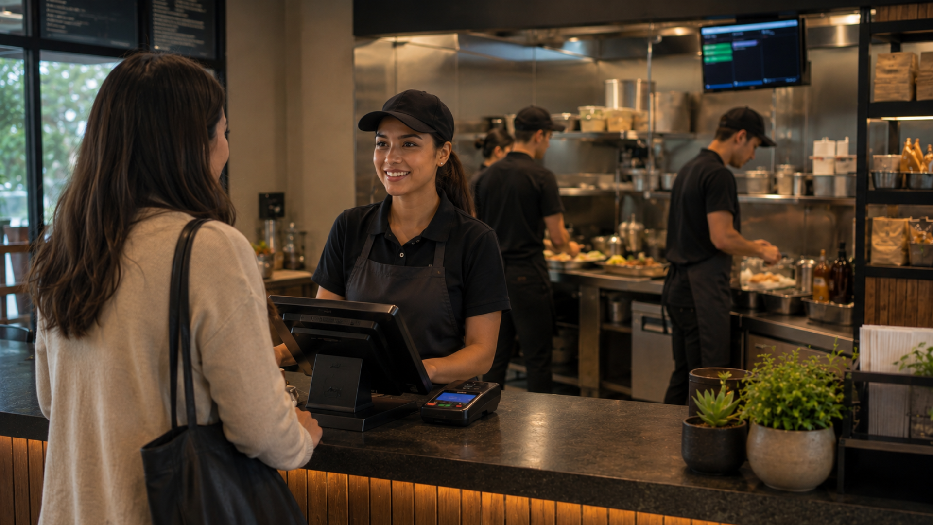 Customer and cashier at a restaurant counter, with a warm-lit open kitchen in the background, usingpoint of sale system and a kitchen display system for efficient operation