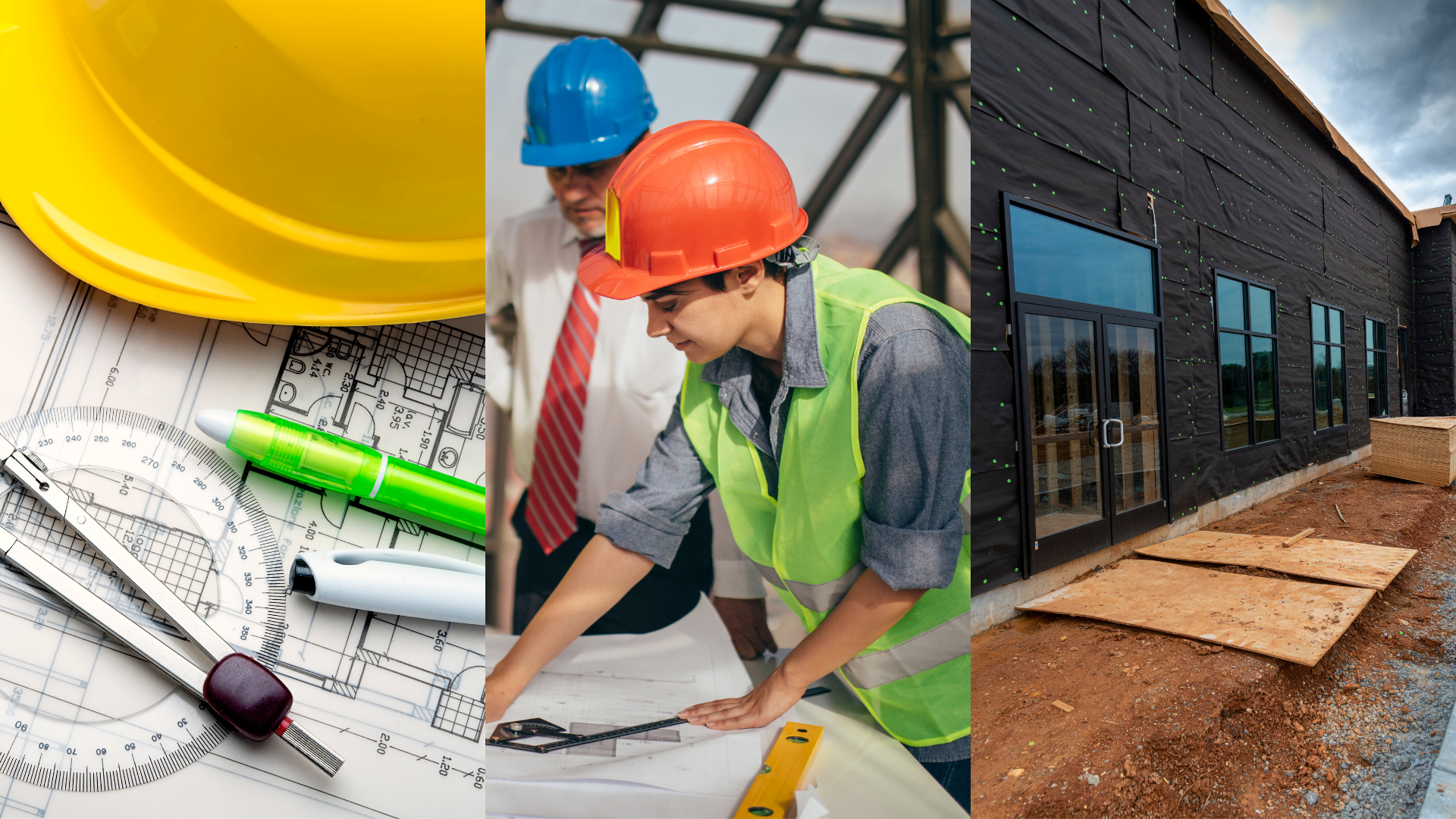 Construction plans with hard hat and tools, workers reviewing blueprints, and a building under renovation