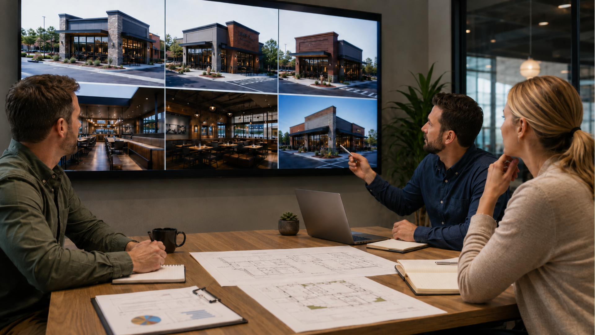 Conference room meeting with three people viewing a large screen of building designs and photos
