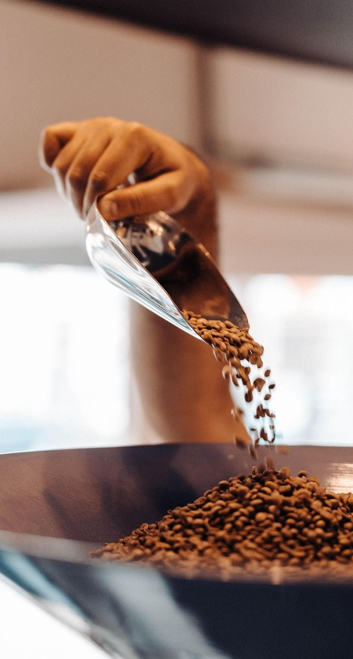 Hand scooping roasted coffee beans into a container.