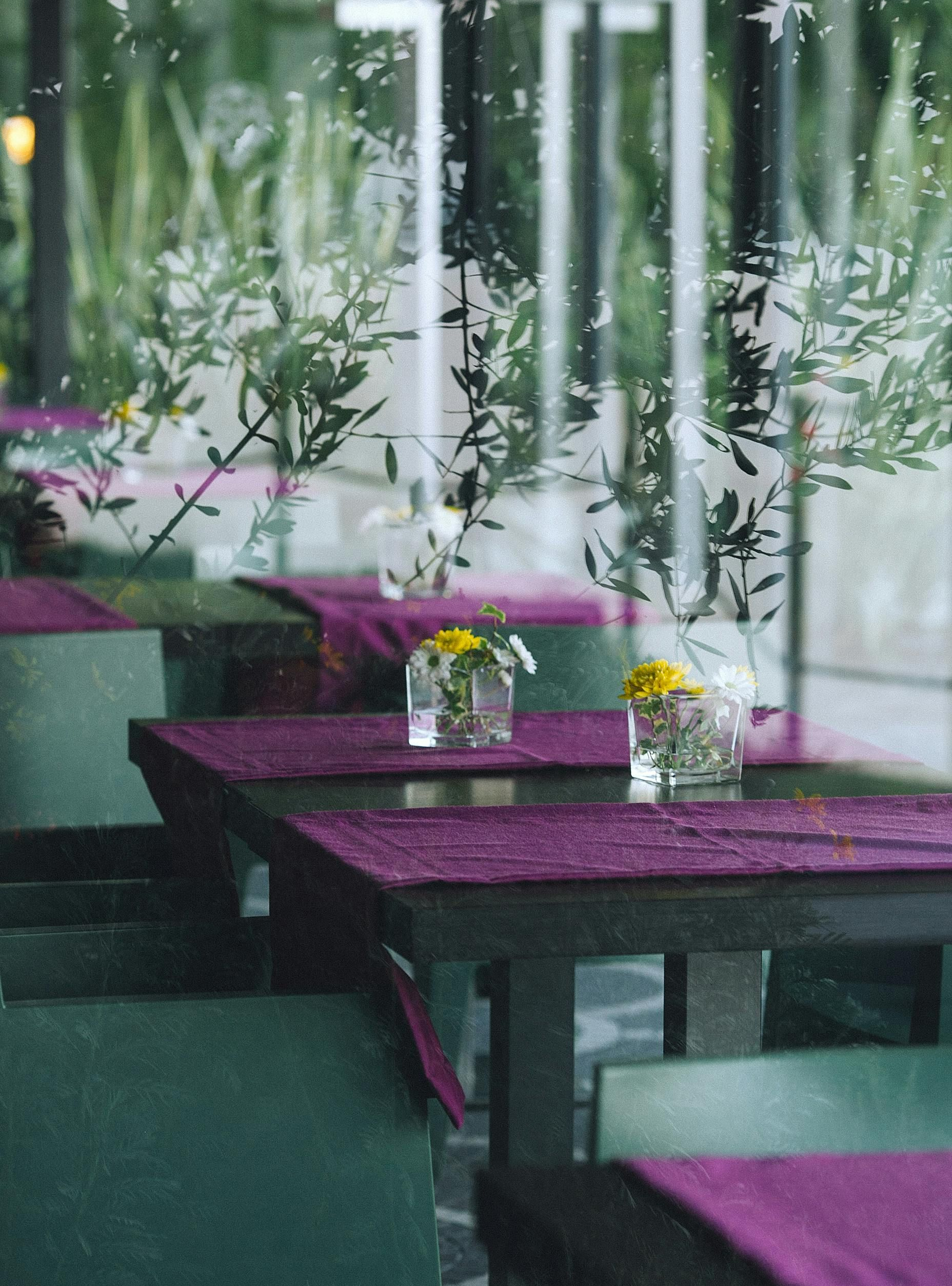 Restaurant tables set with purple tablecloths, yellow flowers in vases, and green chairs. View through a window.