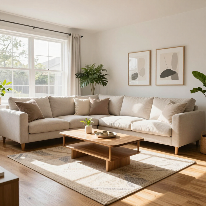 Lichte woonkamer met een beige hoekbank, houten salontafel, groot raam en ingelijste kunstwerken aan de muur.