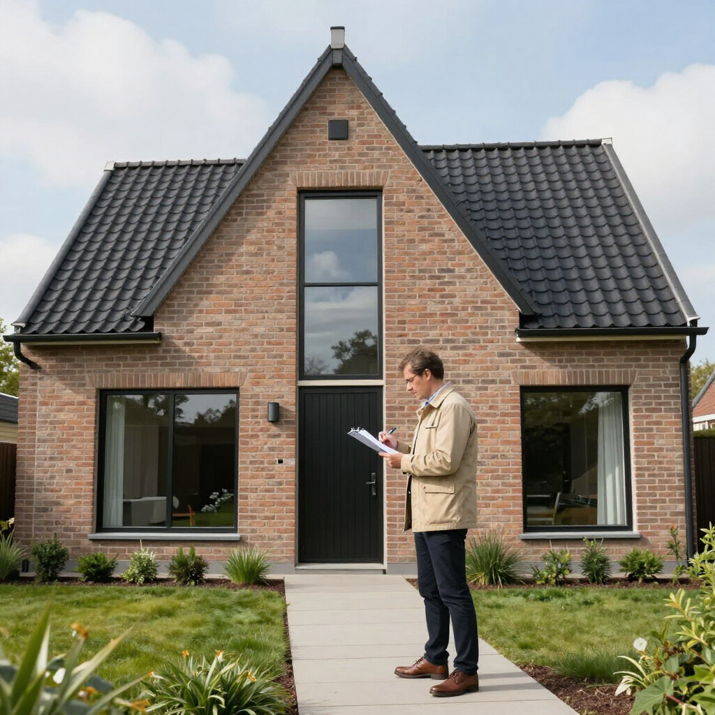 Een man staat met een klembord voor een modern bakstenen huis met een donker dak en grote ramen.