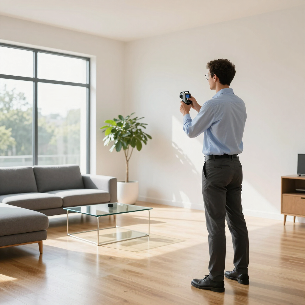 Iemand fotografeert een lichte, moderne woonkamer met een grijze bank, een glazen tafel en een groot raam.
