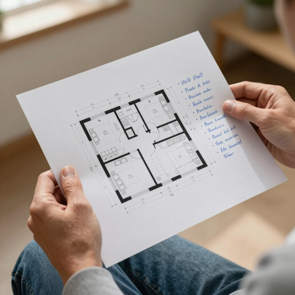 Handen die een schets van een plattegrond van een huis vasthouden op wit papier, met handgeschreven aantekeningen.