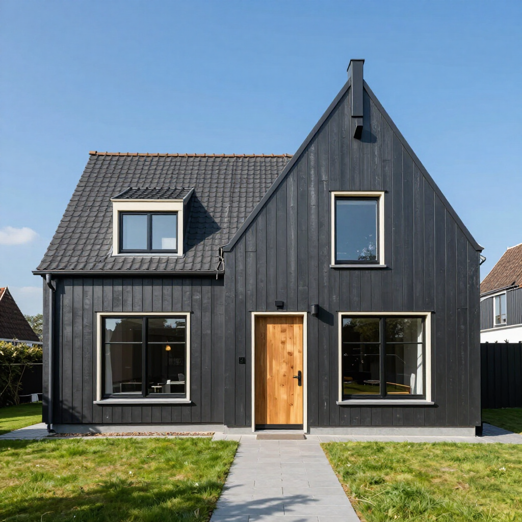 Modern zwart huis met een steil dak, grote ramen en een houten voordeur op een grasveld.