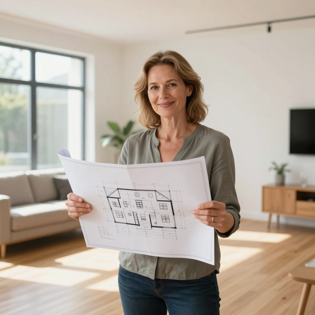 Vrouw met een plattegrond in een lichte woonkamer.
