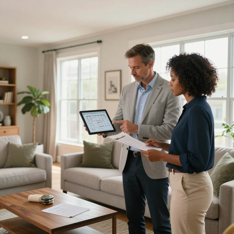 Twee collega's bespreken een tablet en een document in een lichte woonkamer.