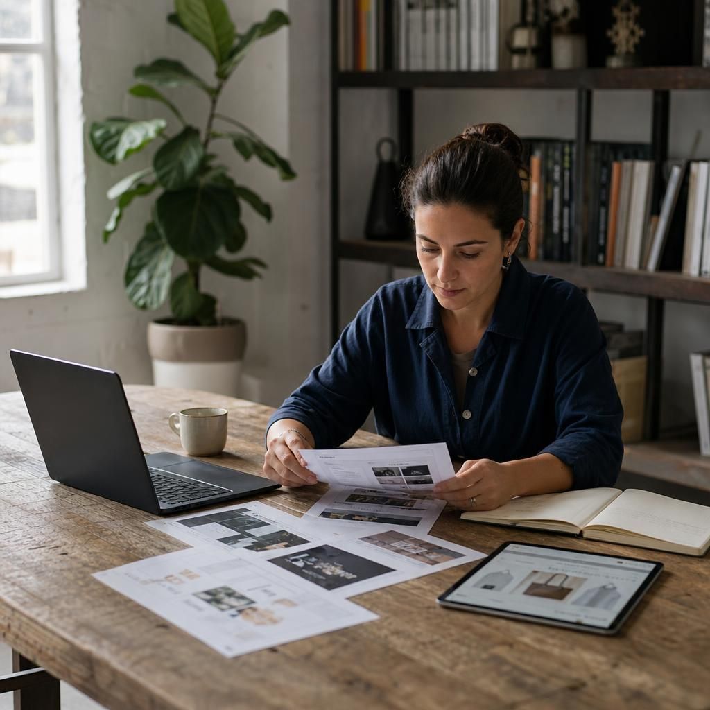 Small business owner reviewing website and store dashboard