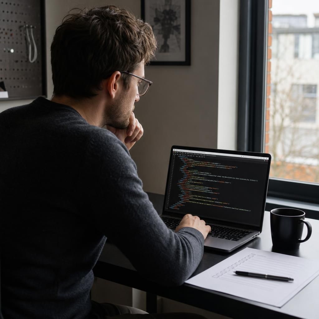 Designer checking website source code on a laptop