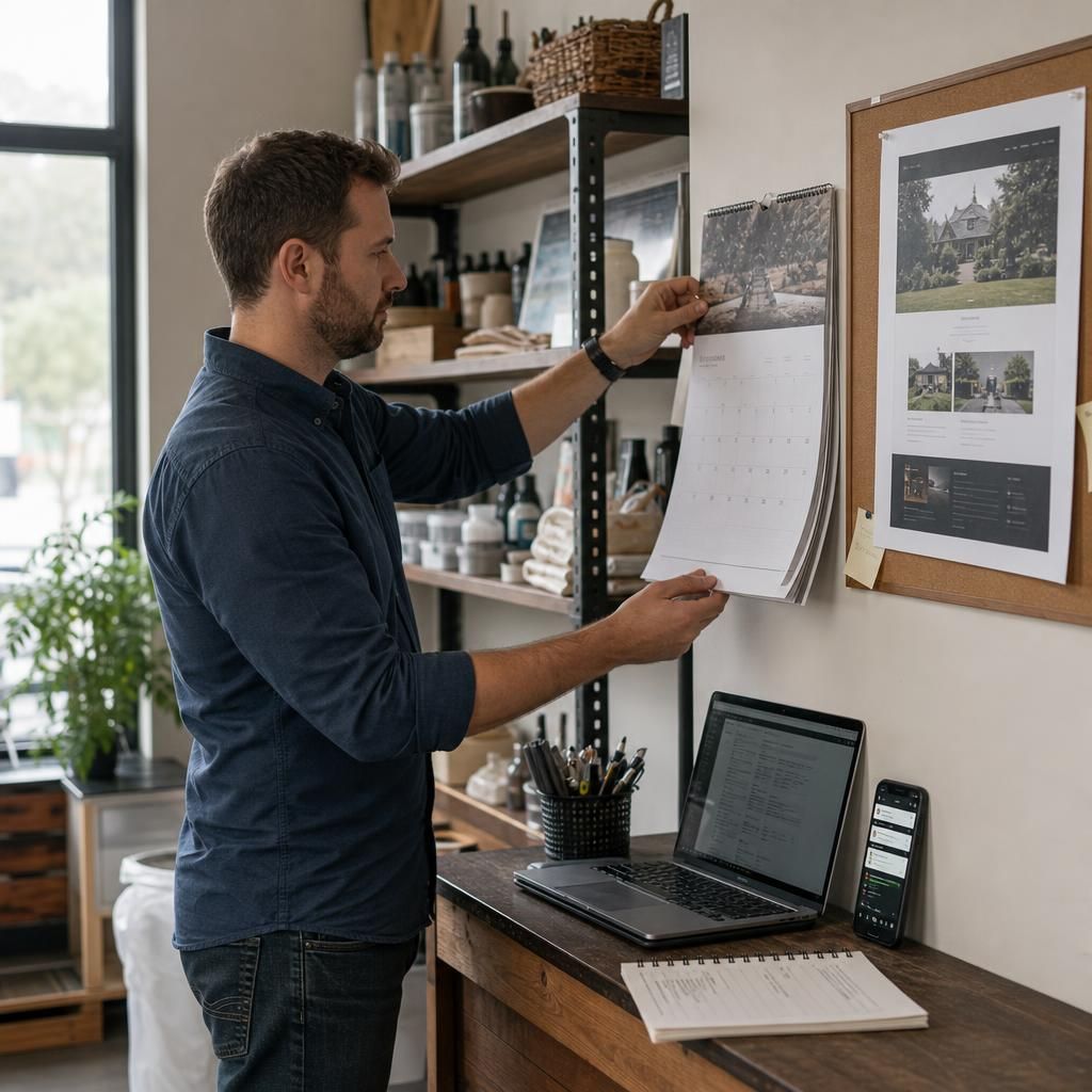 Small business owner planning website bookings and services