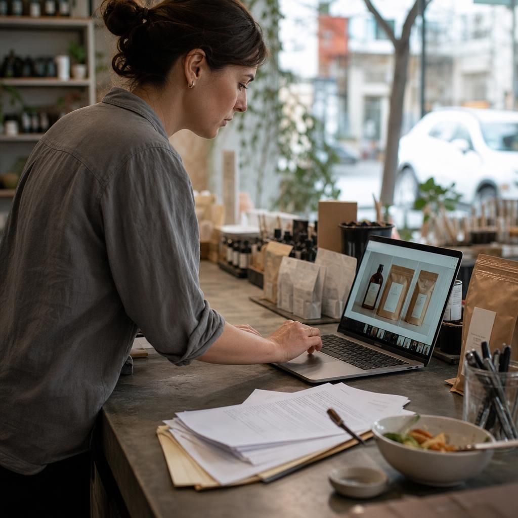 Small business owner updating website from a storefront laptop