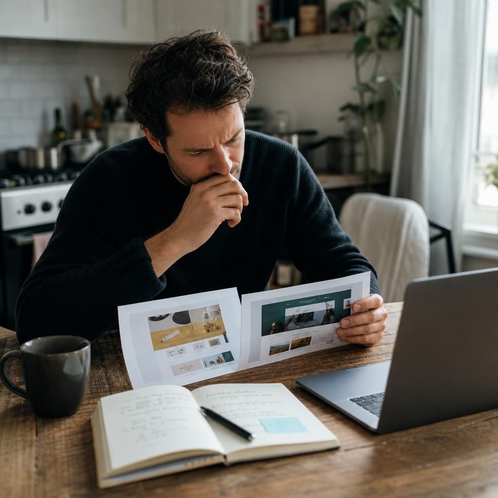 Designer comparing website homepage mockups at a kitchen table