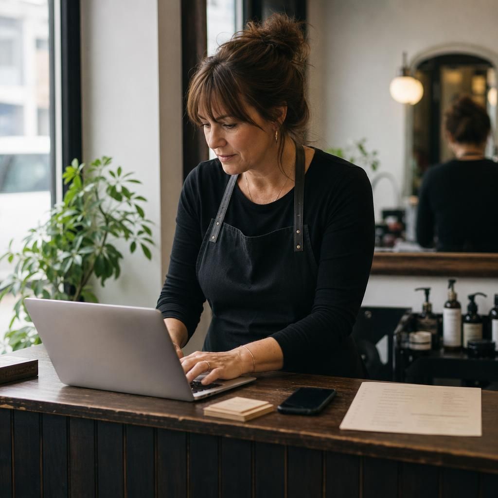 Small business owner editing a website in a salon office