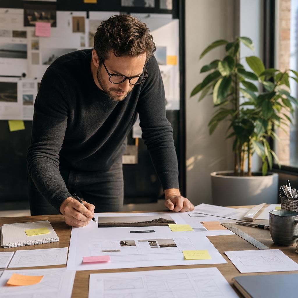 Website layout wireframe with booking button on desk