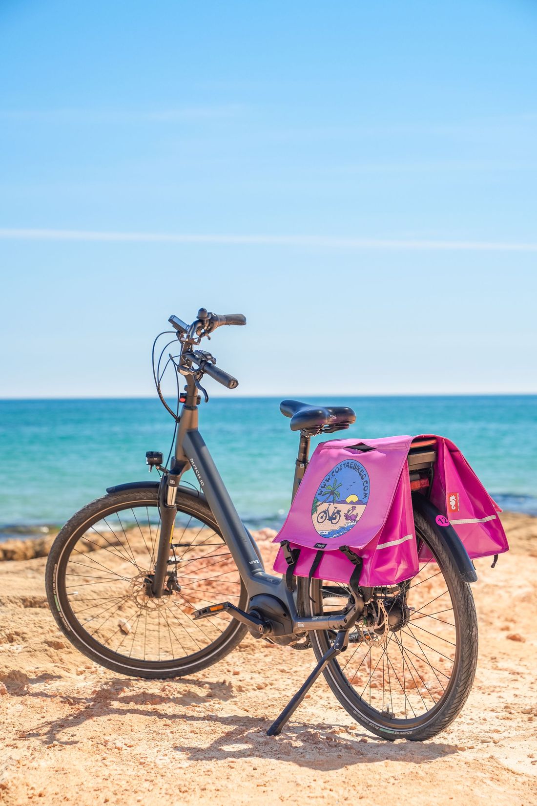 Fietsen op een zandstrand met een roze fietstas, met uitzicht op de blauwe oceaan en de hemel.