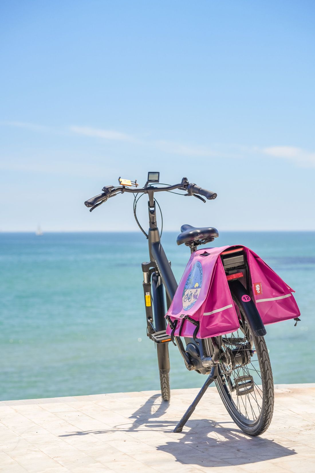 Fiets met roze hoes geparkeerd aan zee onder een helderblauwe hemel.