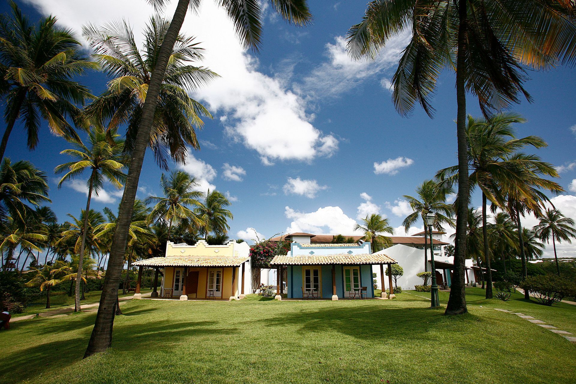 Tropical beachfront resort with palm trees, a grassy lawn, and blue sky