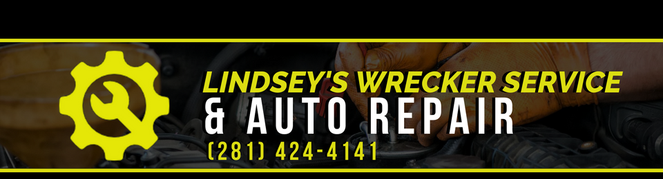 Lindsey’s Wrecker Service & Auto Repair banner with yellow gear logo and phone number (281) 424-4141