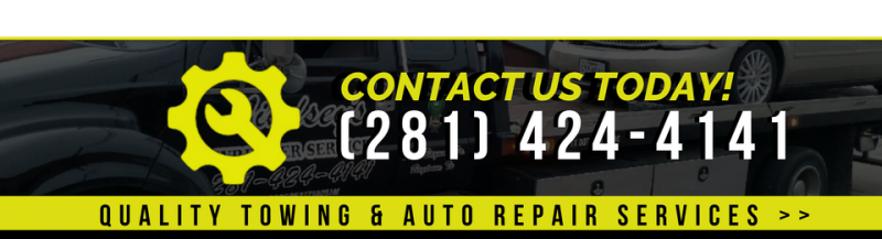 Banner ad for Quality Towing & Auto Repair Services with yellow gear logo and phone number (281) 424-4141