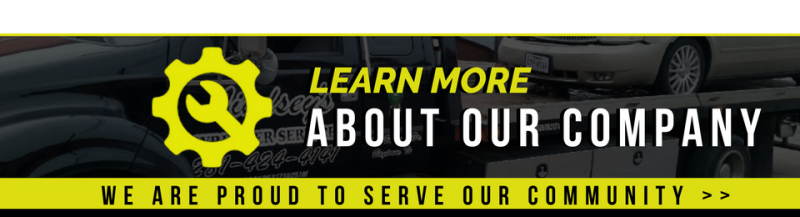 Banner with yellow gear icon and text “Learn More About Our Company” above “We are proud to serve our community.”
