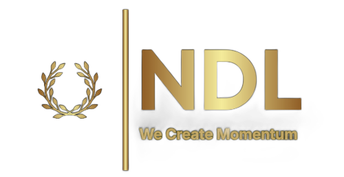 Gold NDL logo with laurel emblem and tagline “We Create Momentum” on white background