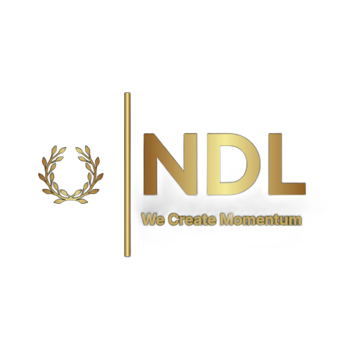 Gold NDL logo with laurel wreath and tagline “We Create Momentum” on white background