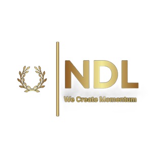 Gold NDL logo with laurel wreath and tagline “We Create Momentum” on white background