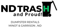NDTRASH and Proud! dumpster rental logo with a black trash bin and green &ldquo;H&rdquo; in Minot & Carrington, ND