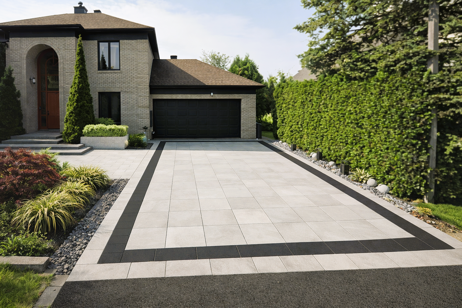 Maison moderne avec une longue allée pavée, un garage et un jardin paysager à l'avant avec des haies et des arbustes.