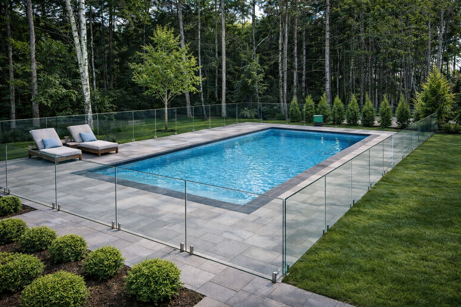 Piscine rectangulaire dans le jardin, entourée d'une clôture en verre, avec chaises longues et pelouse verdoyante et arbres à proximité.