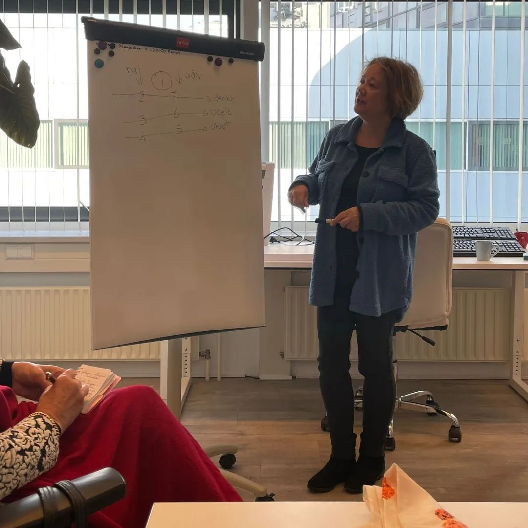 Vrouw staat en geeft een presentatie op een flipchart in een kantoor.