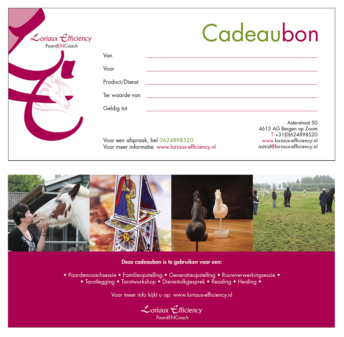 Cadeaubon met boerderijfoto's: een persoon met een paard, vlaggen en eenden.