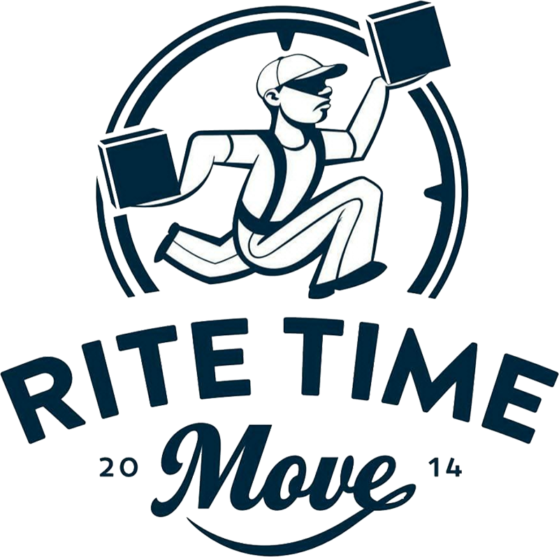 Logo of a man running with boxes, inside a circle. Text "Rite Time Move."