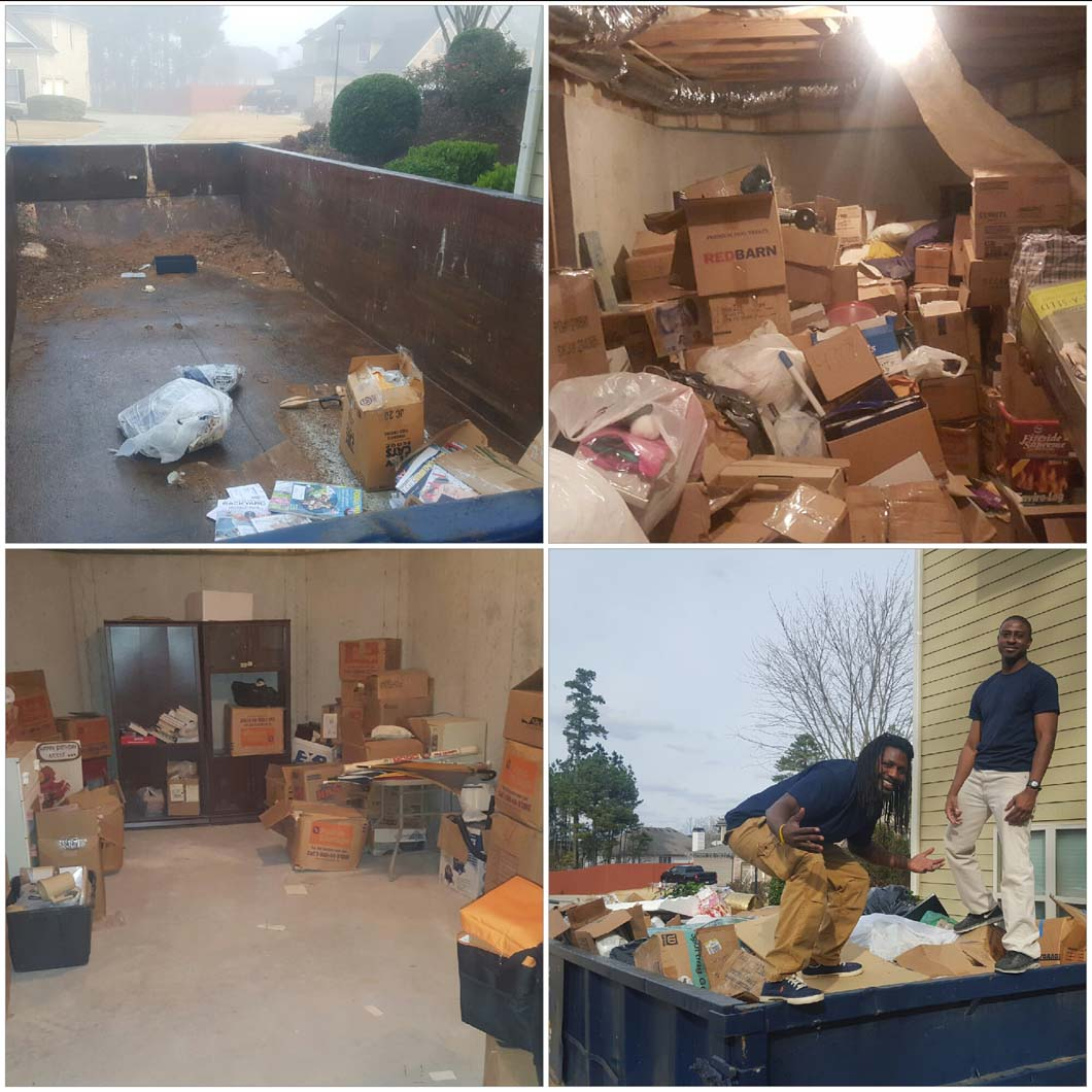 Four photos showing a cluttered dumpster and rooms filled with cardboard boxes and debris during a cleanup process.