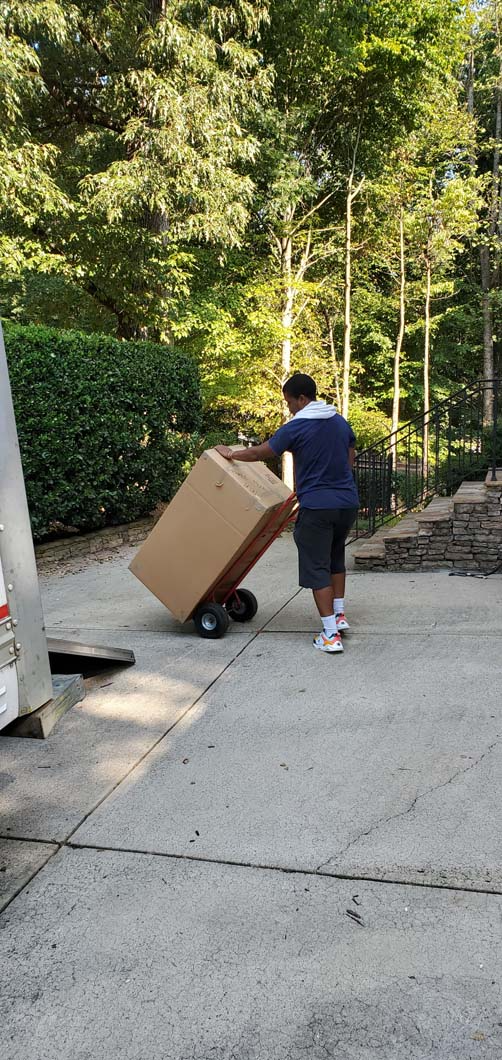 A person pushing a large box on a cart on a concrete surface outside, trees in the background.