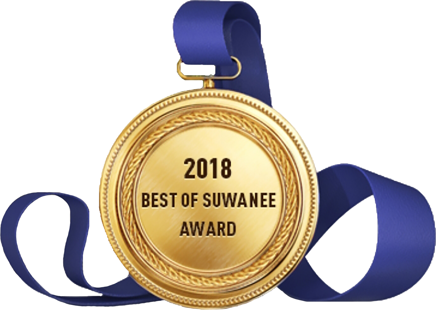 Gold 2018 Best of Suwanee Award medal with blue ribbon.