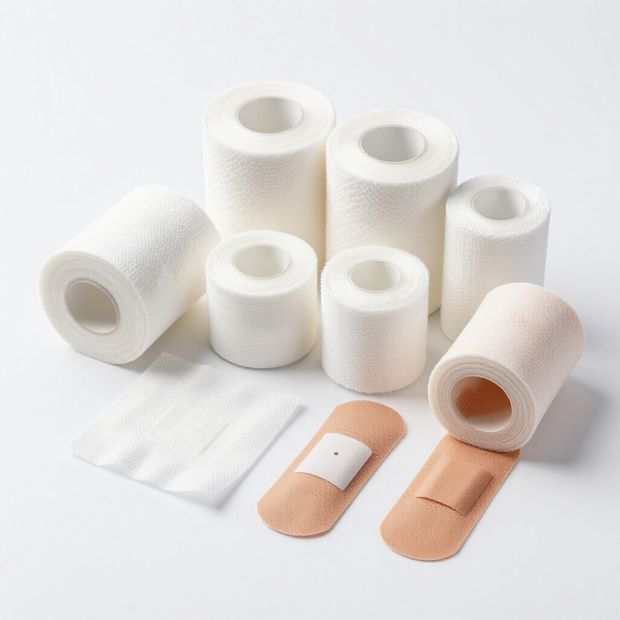 Bende mediche bianche e beige, compresi rotoli e strisce adesive, su una superficie bianca.