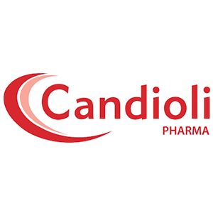 Logo di Candioli Pharma. Testo in rosso con una mezzaluna rossa stilizzata. 