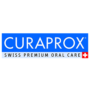 Logo Curaprox: rettangolo blu con testo bianco 