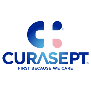 Logo Curasept con croce blu e rosa, testo blu: Curasept. 