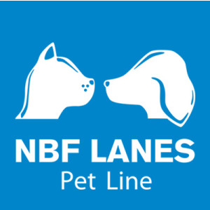 Logo quadrato blu con un gatto e un cane bianchi uno di fronte all'altro sopra la scritta 