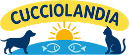 Logo per Cucciolandia: cane, gatto, sole e pesce su sfondo blu e giallo.