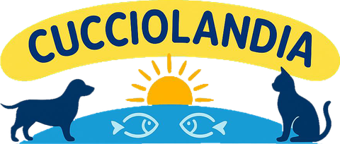 Logo del negozio di animali Cucciolandia, raffigurante la sagoma di un cane e di un gatto, un sole, un pesce e il nome in un arco giallo.