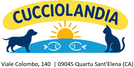 Logo del negozio di animali Cucciolandia, raffigurante la sagoma di un cane e di un gatto, un sole, un pesce e il nome in un arco giallo.