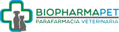 Logo per Biopharmapet: croce verde con silhouette di cane e gatto, testo verde/blu.