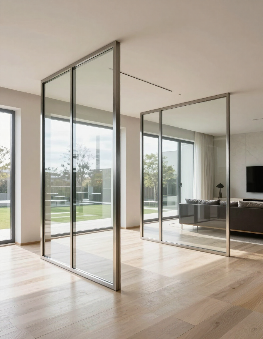 Interior residencial con cancelería de aluminio y vidrio templado