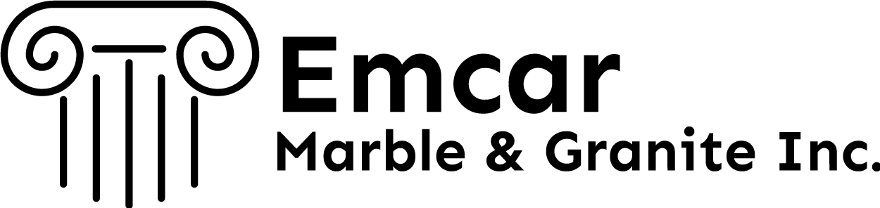 A black and white logo for emcar marble and granite inc.